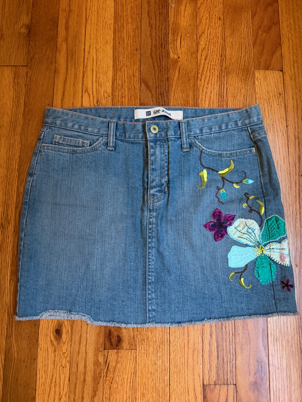 GAP Light Blue Denim Mini Jean Skirt with Multicolor Floral Embroidery